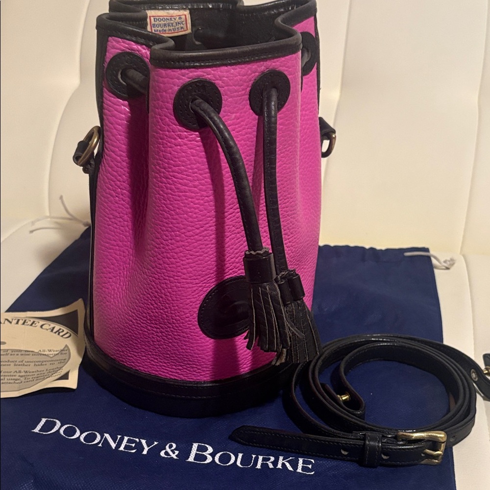 SOLD!   “Dooney & Bourke” Vintage, Fuchsia & Black “All-Weather Leather, Bucket”